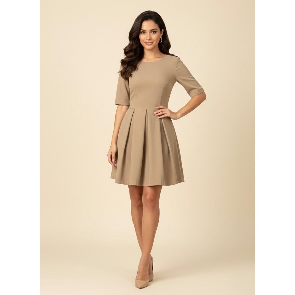 NWT ABS Tan Pleated A-Line Woven Mini Dress 2| Office Siren Dark Equestrian Twee